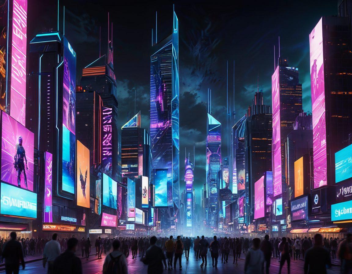 A futuristic city skyline with glowing skyscrapers, featuring drones and digital billboards, and a group of diverse individuals engaging with holographic devices. Emphasize a sense of excitement and innovation in technology with vibrant colors and dynamic lighting. super-realistic. cyberpunk. vibrant colors.