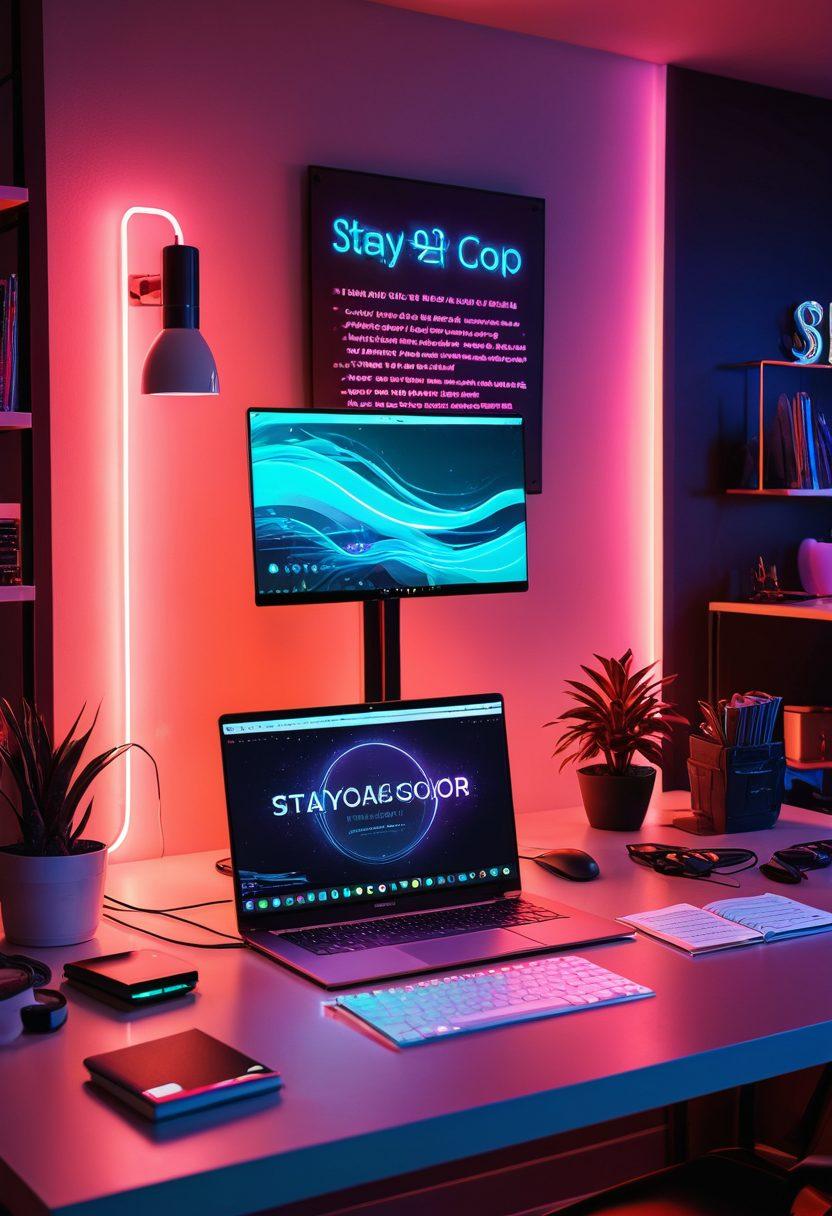 A sleek workspace featuring a modern laptop open to an interactive tutorial interface, surrounded by tech gadgets like a smart speaker, VR headset, and coding books. A glowing neon sign in the background reads 'Stay Ahead of the Curve'. Warm ambient lighting creates an inviting atmosphere. super-realistic. vibrant colors. futuristic design.