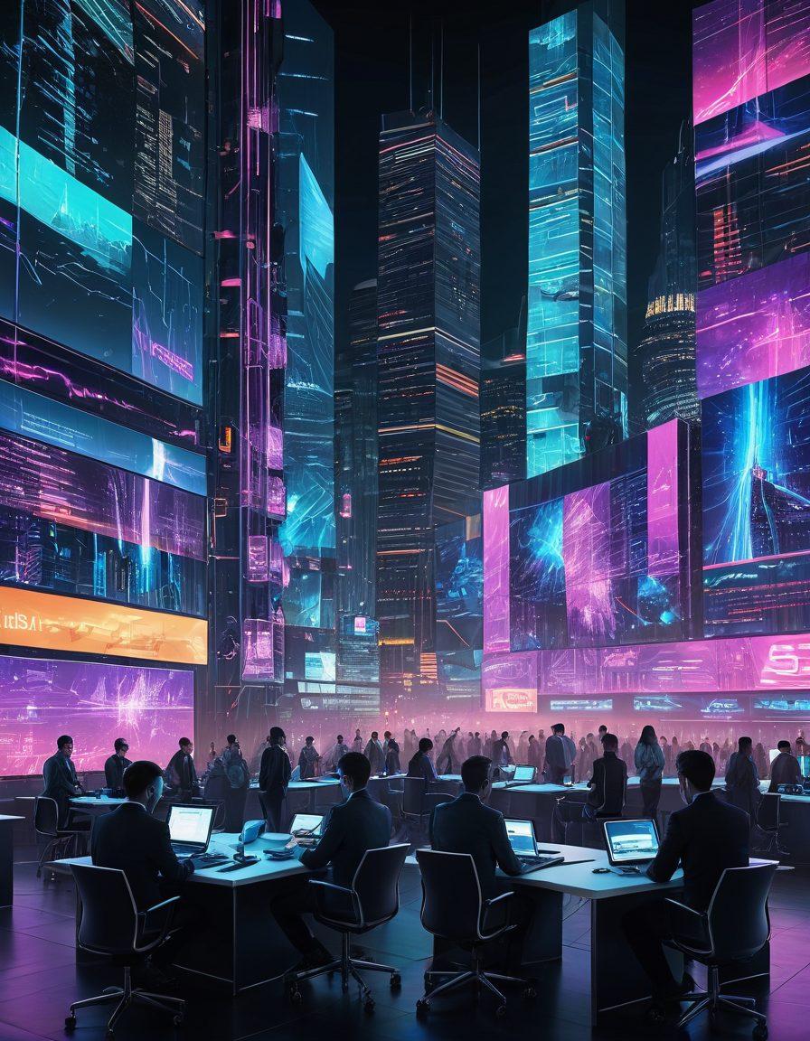A futuristic digital landscape filled with glowing data streams and intricate circuit patterns. A diverse group of people, representing various tech industries, is engaged in discussion, with holographic screens displaying charts and news headlines. In the background, towering skyscrapers with neon lights reflect the vibrant essence of the digital age. An aura of innovation and excitement permeates the scene. cyberpunk. vibrant colors. 3D.
